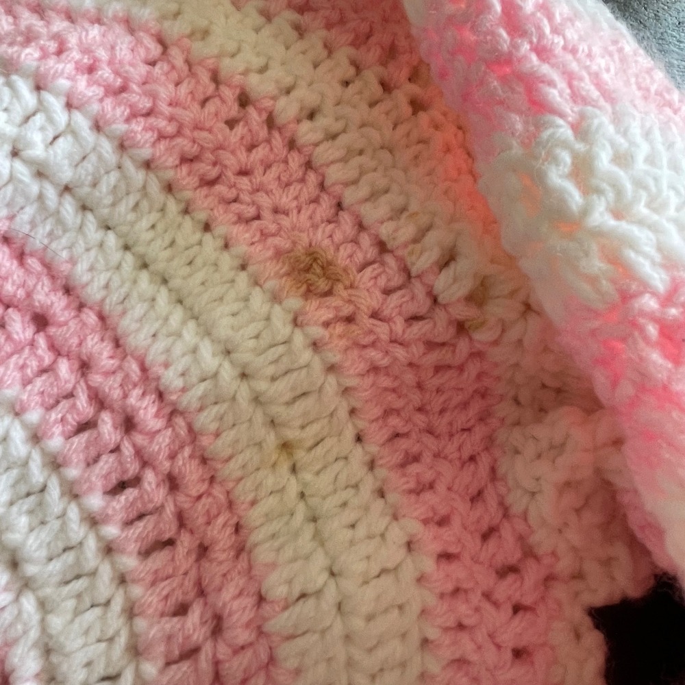 Handmade Pink‎ White Heart Crochet Sweater Striped Balloon Sleeve Oversized Boho - Picture 3 of 6